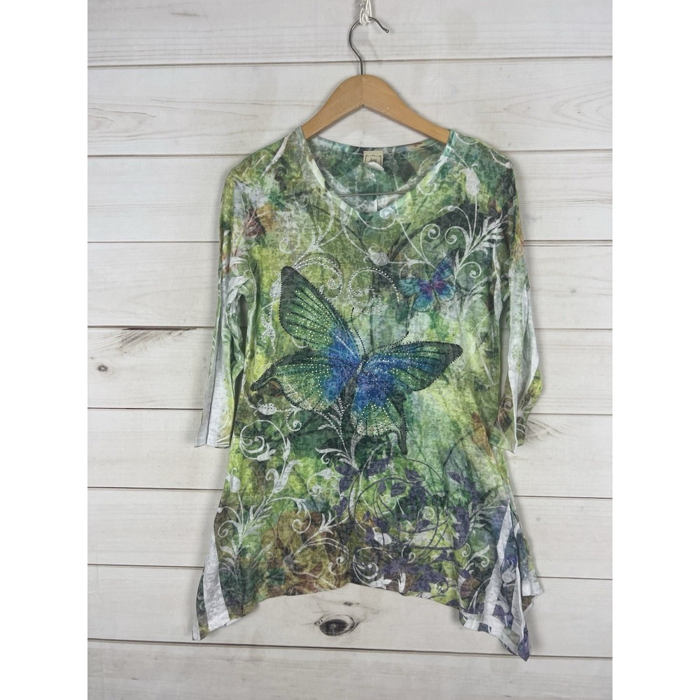 Jess & Jane Shirt Womens Medium Green Butterfly Forest Rhinestone Fairycore Top